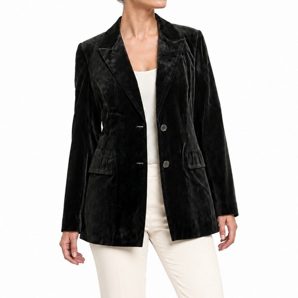 Vtg Lord & Taylor Blazer Women L Black Suede Leather Two Button Career Jacket